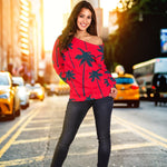 Black Red Palm Tree Pattern Print Off Shoulder Sweatshirt GearFrost