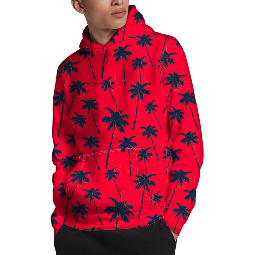 Black Red Palm Tree Pattern Print Pullover Hoodie