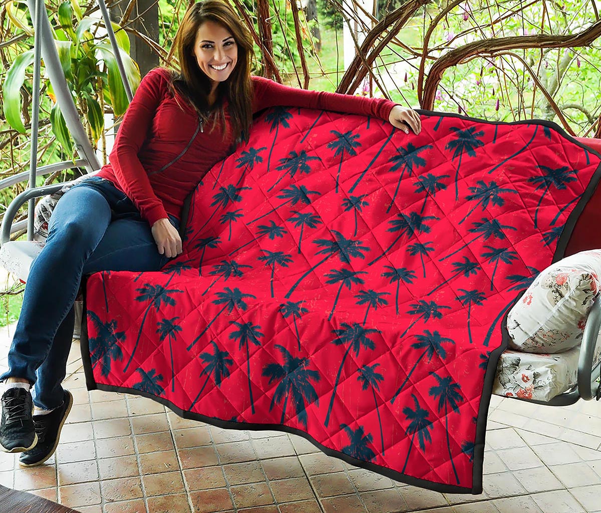 Black Red Palm Tree Pattern Print Quilt
