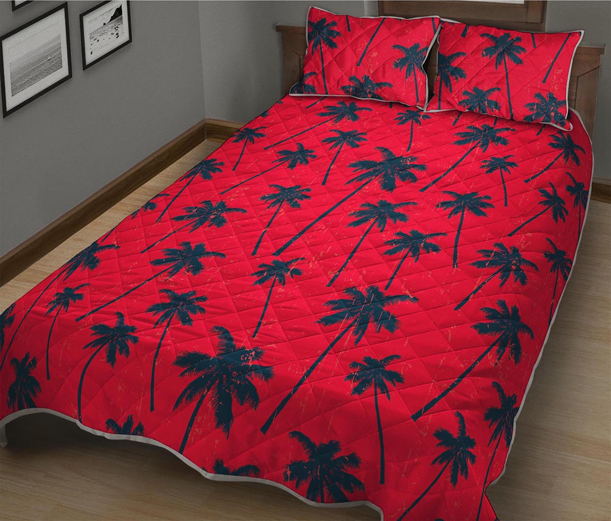 Black Red Palm Tree Pattern Print Quilt Bed Set