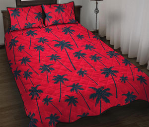 Black Red Palm Tree Pattern Print Quilt Bed Set