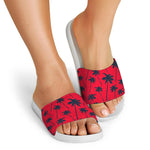 Black Red Palm Tree Pattern Print White Slide Sandals