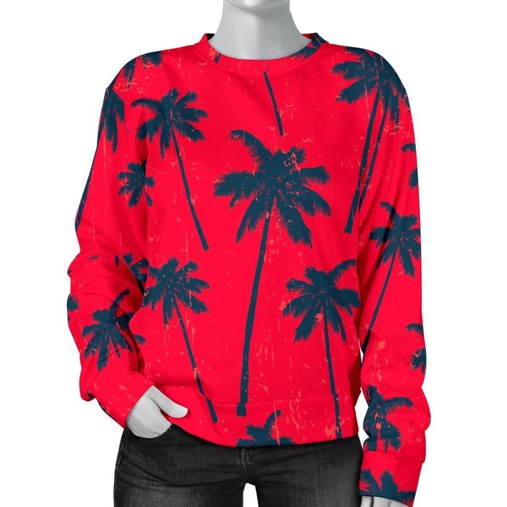 Black Red Palm Tree Pattern Print Women's Crewneck Sweatshirt GearFrost