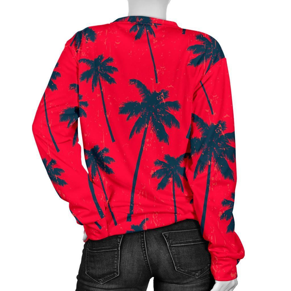 Black Red Palm Tree Pattern Print Women's Crewneck Sweatshirt GearFrost