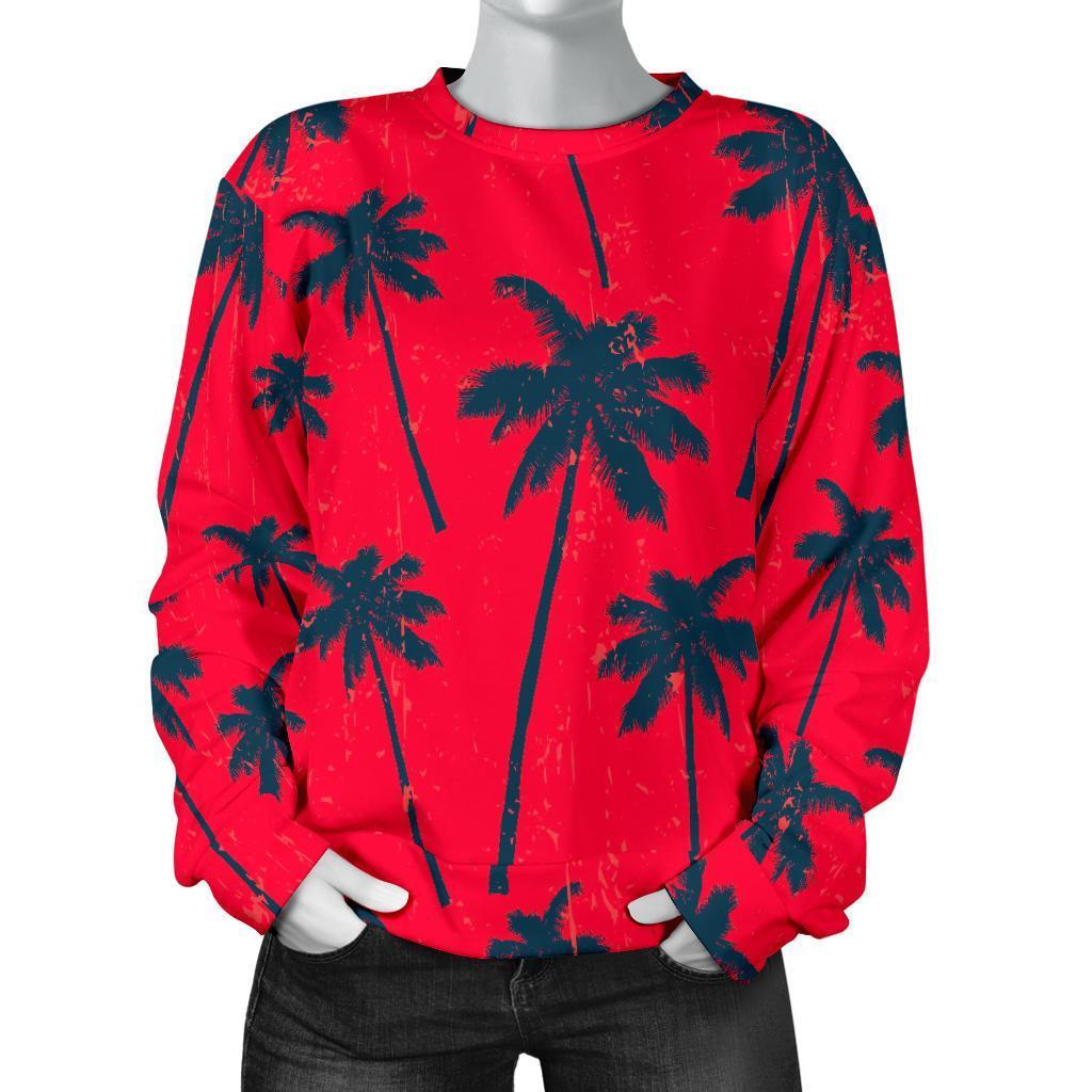 Black Red Palm Tree Pattern Print Women's Crewneck Sweatshirt GearFrost