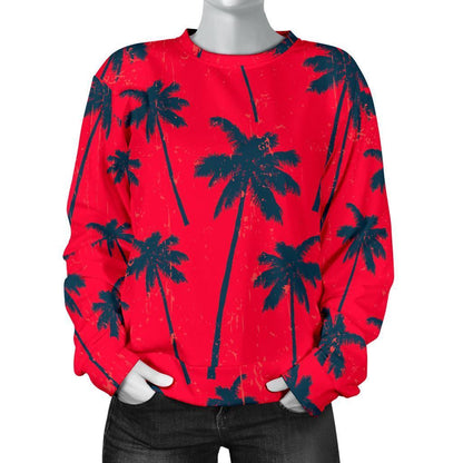 Black Red Palm Tree Pattern Print Women's Crewneck Sweatshirt GearFrost