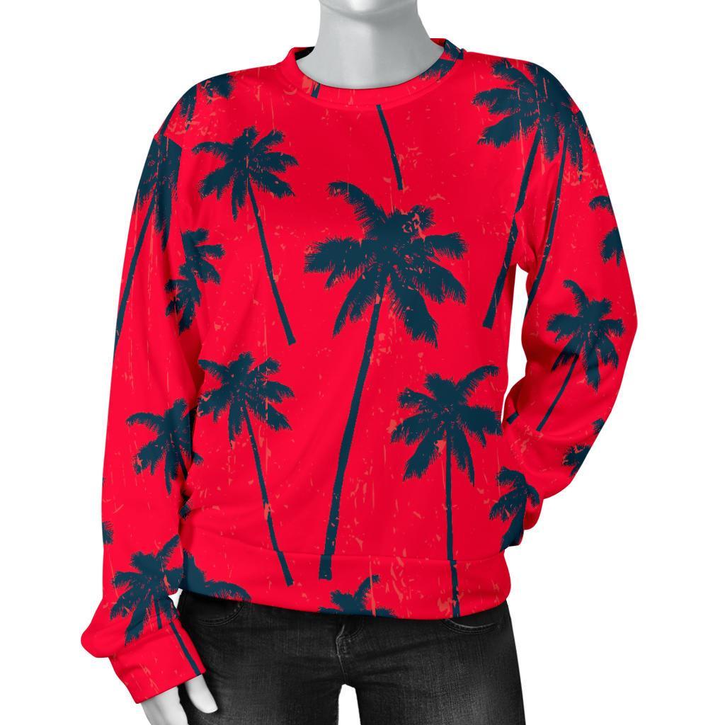 Black Red Palm Tree Pattern Print Women's Crewneck Sweatshirt GearFrost