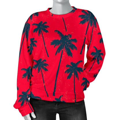 Black Red Palm Tree Pattern Print Women's Crewneck Sweatshirt GearFrost