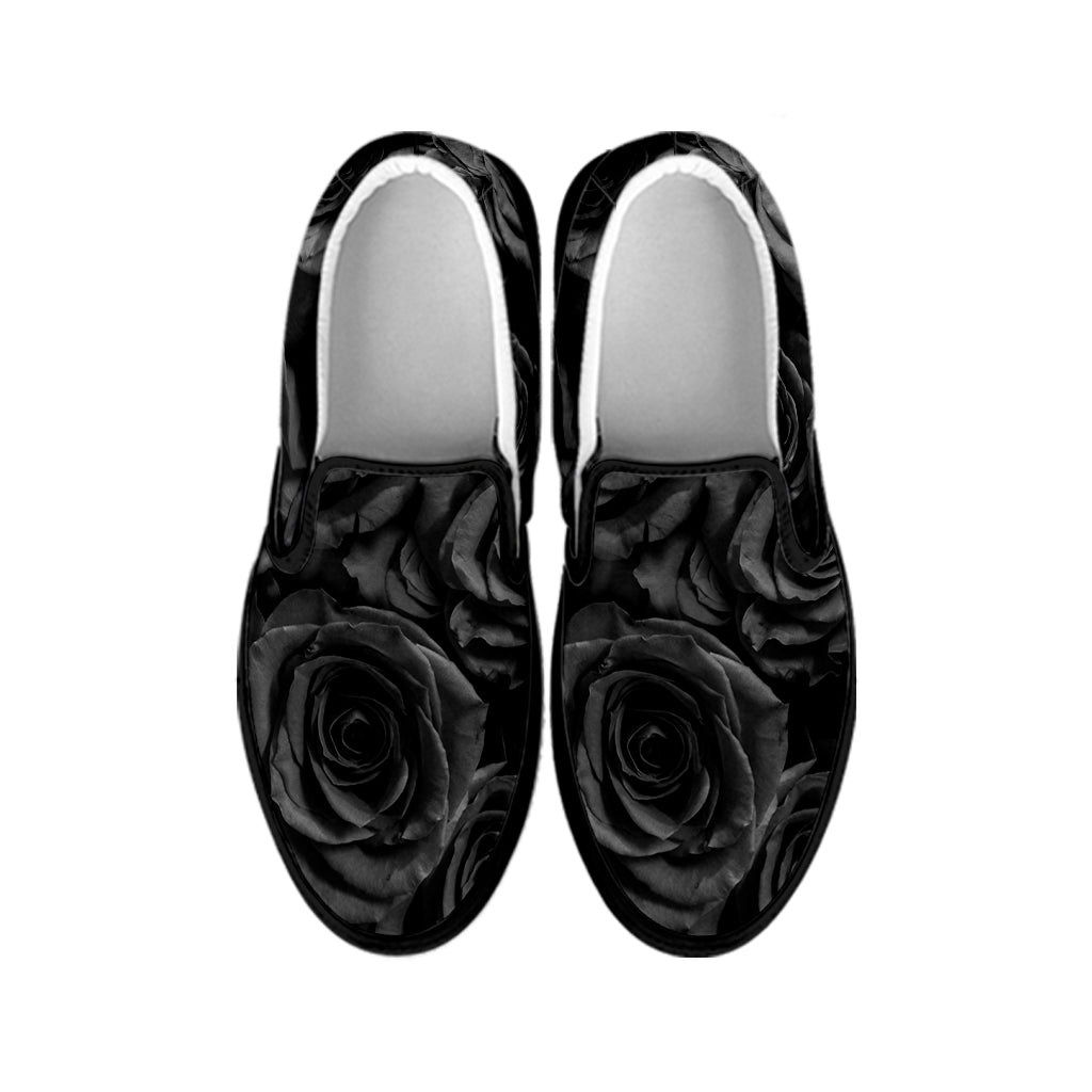 Black Rose Print Black Slip On Shoes