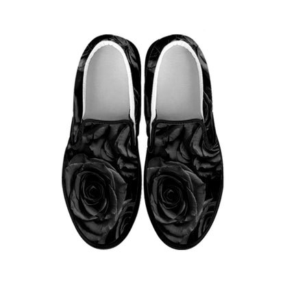 Black Rose Print Black Slip On Shoes