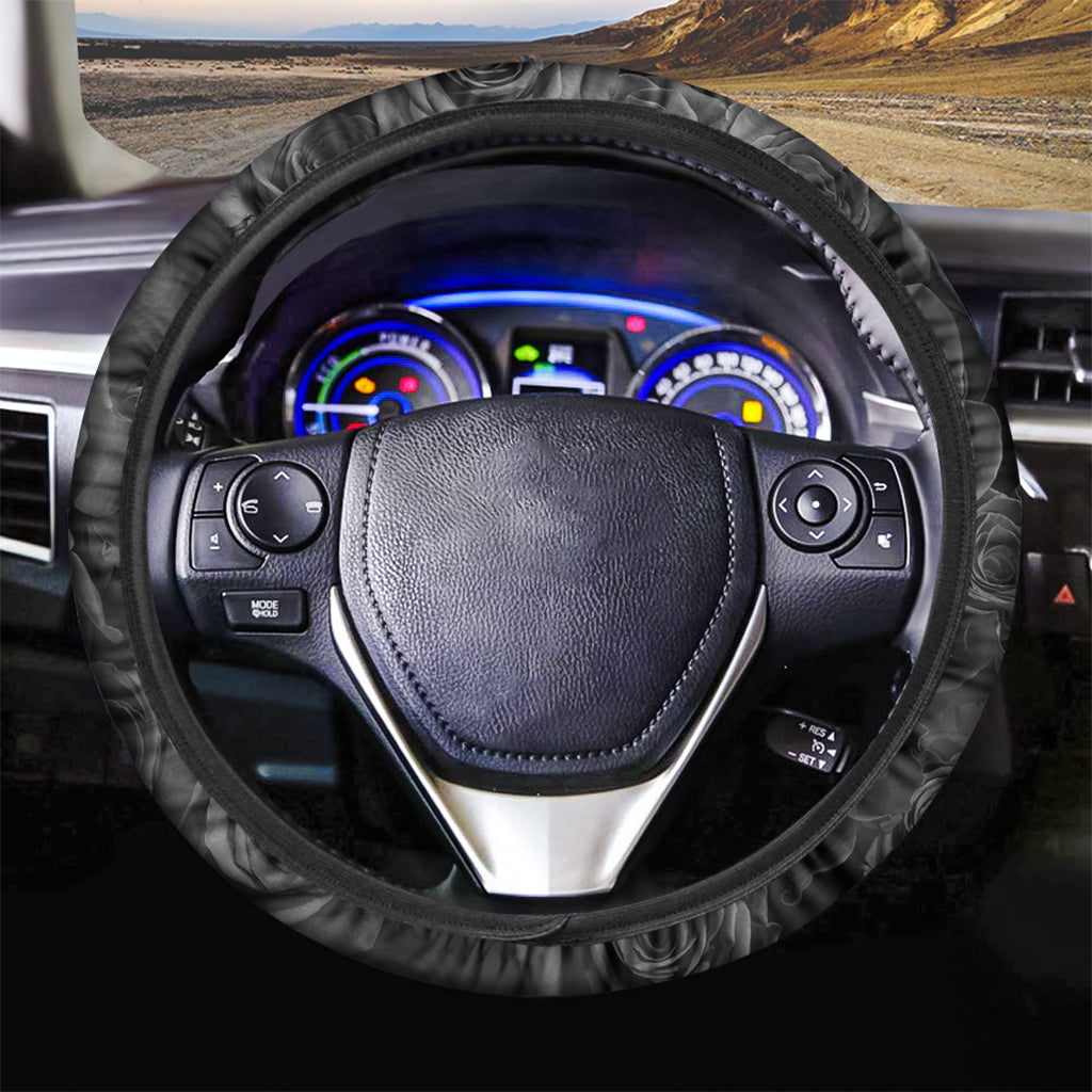 Black Rose Print Car Steering Wheel Cover