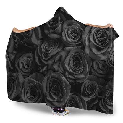 Black Rose Print Hooded Blanket