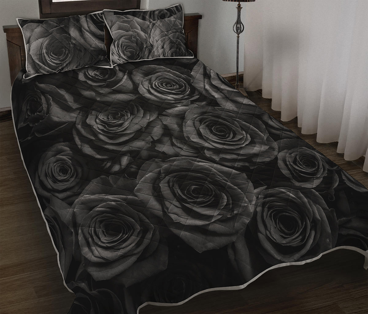Black Rose Print Quilt Bed Set