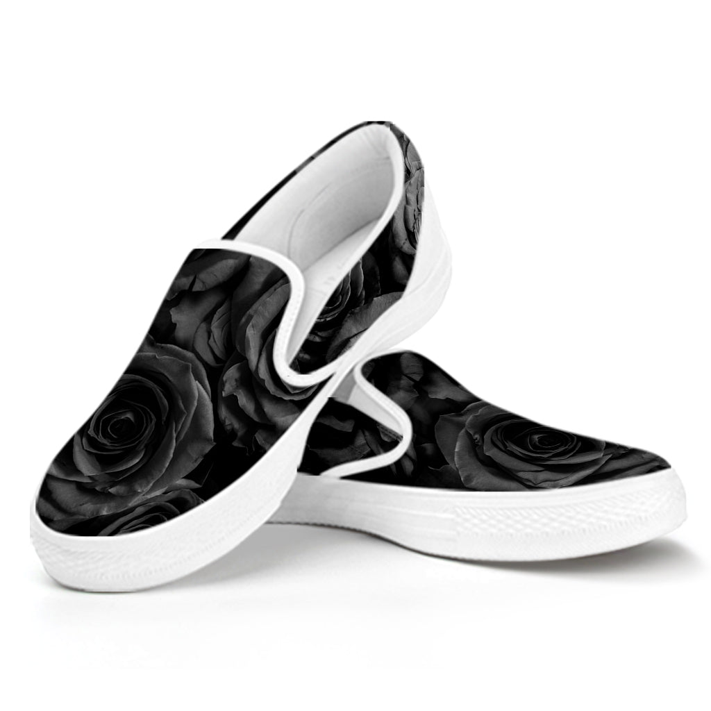 Black Rose Print White Slip On Shoes