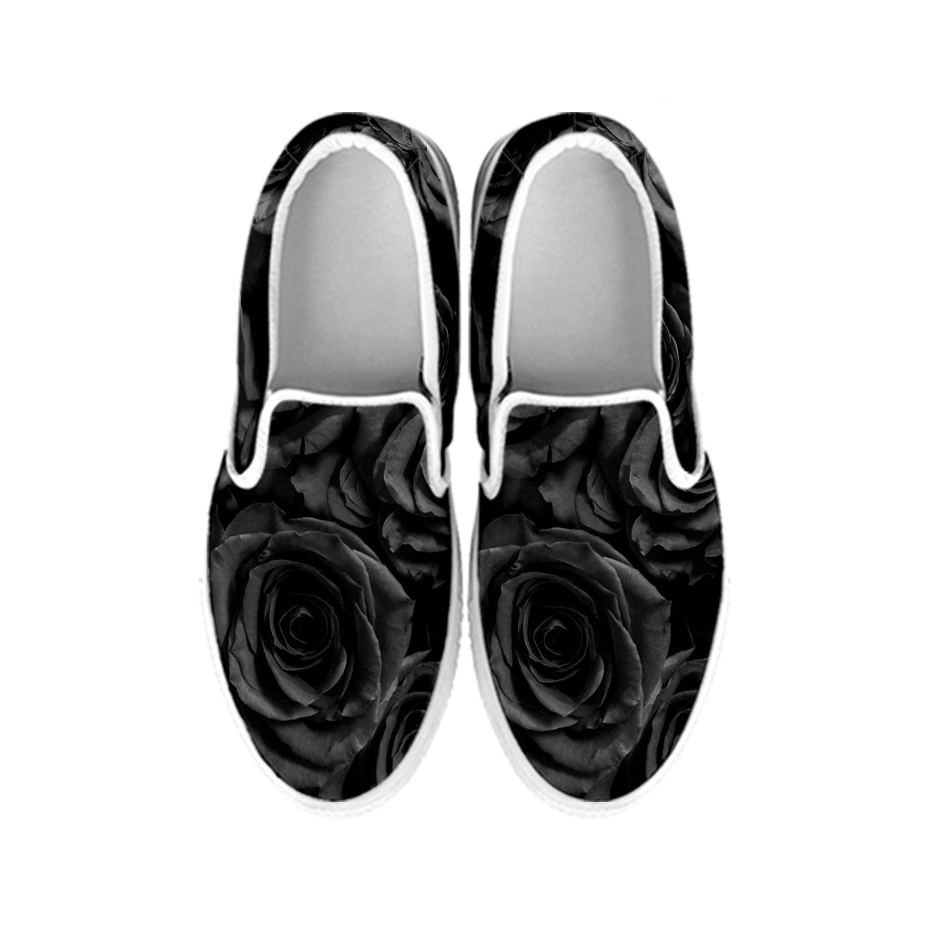 Black Rose Print White Slip On Shoes