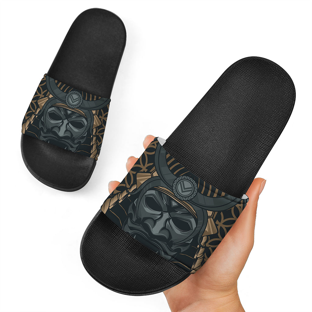 Black Samurai Mask Print Black Slide Sandals