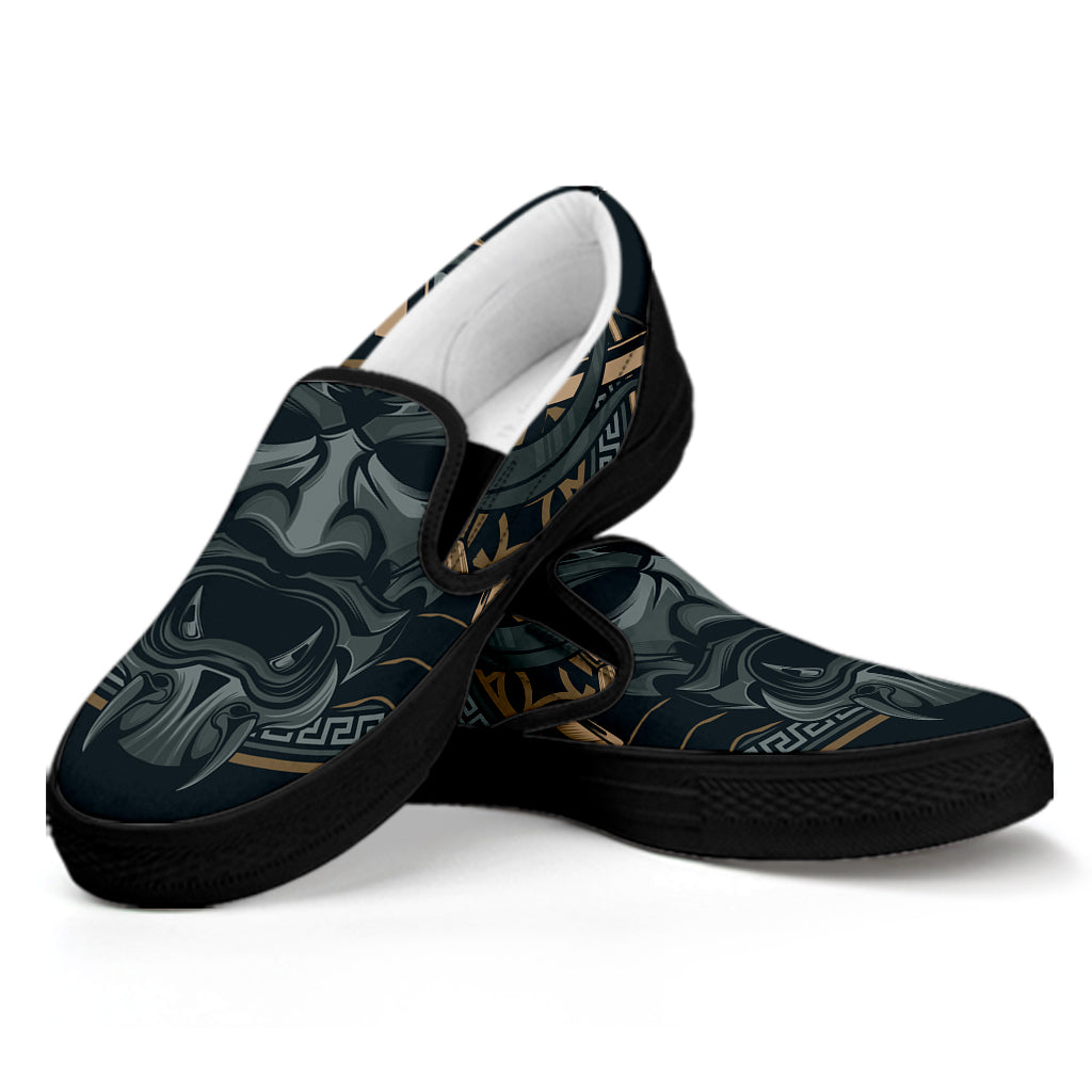 Black Samurai Mask Print Black Slip On Shoes