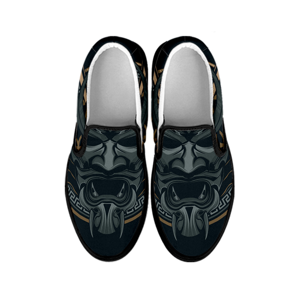 Black Samurai Mask Print Black Slip On Shoes