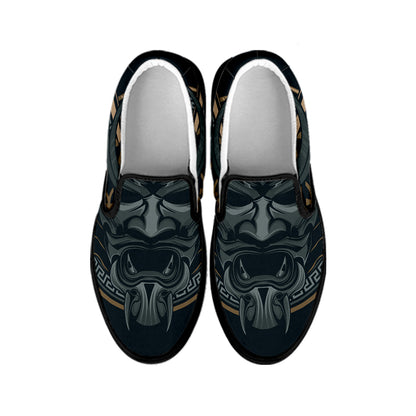 Black Samurai Mask Print Black Slip On Shoes