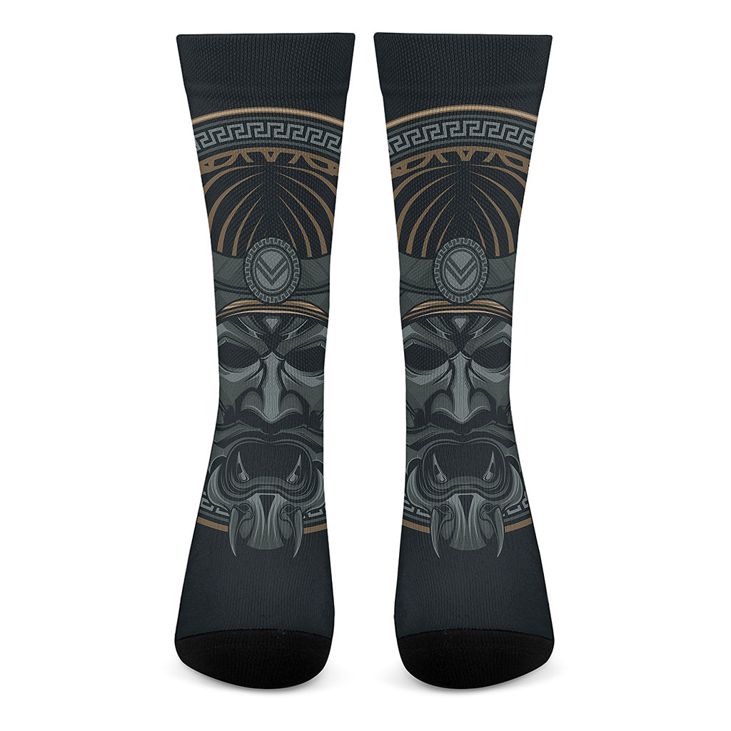 Black Samurai Mask Print Crew Socks