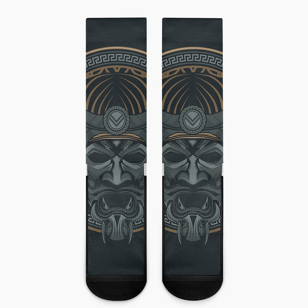 Black Samurai Mask Print Crew Socks