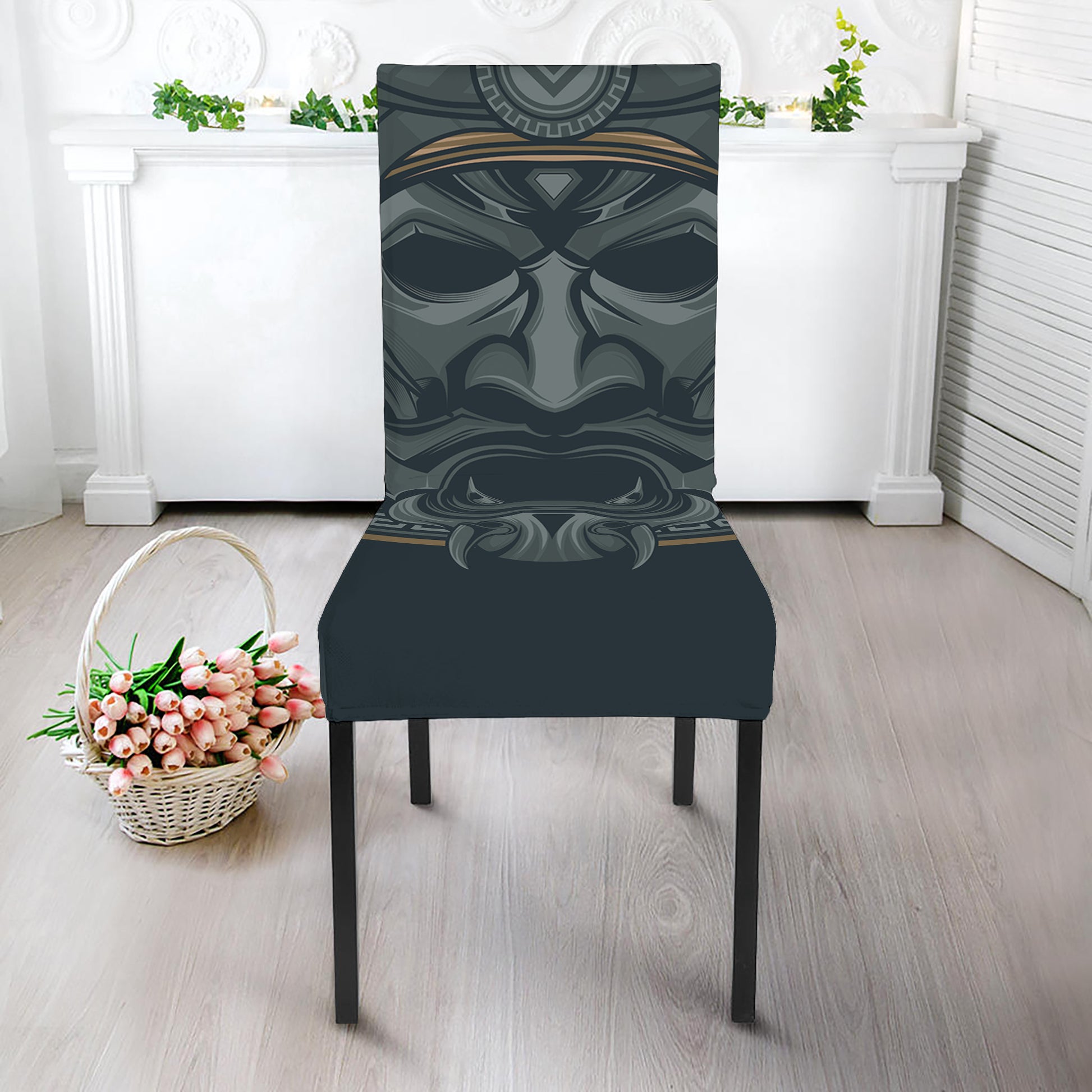 Black Samurai Mask Print Dining Chair Slipcover