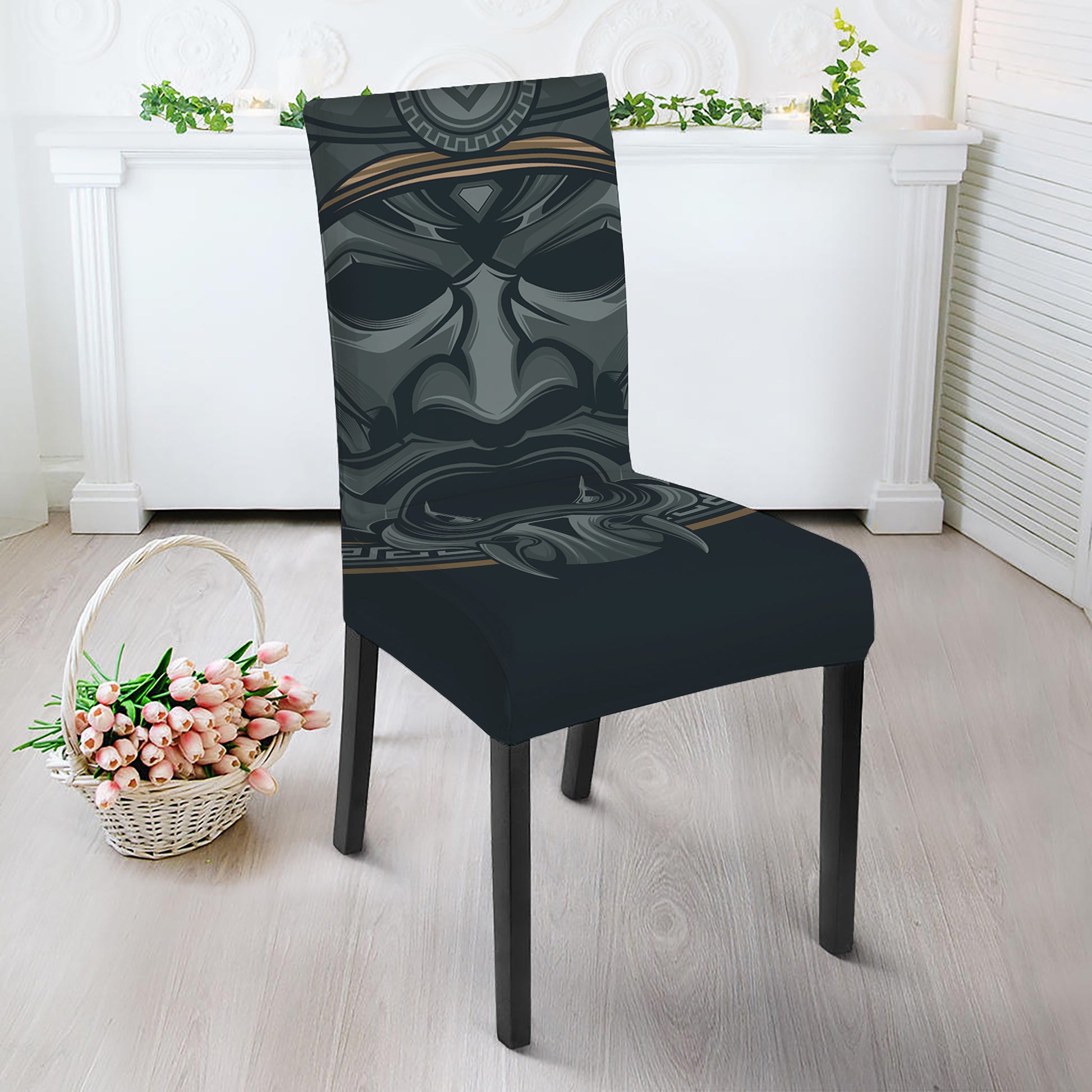 Black Samurai Mask Print Dining Chair Slipcover