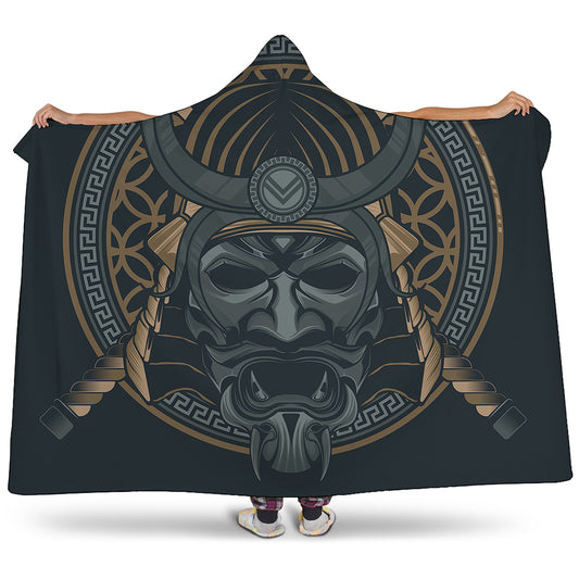 Black Samurai Mask Print Hooded Blanket