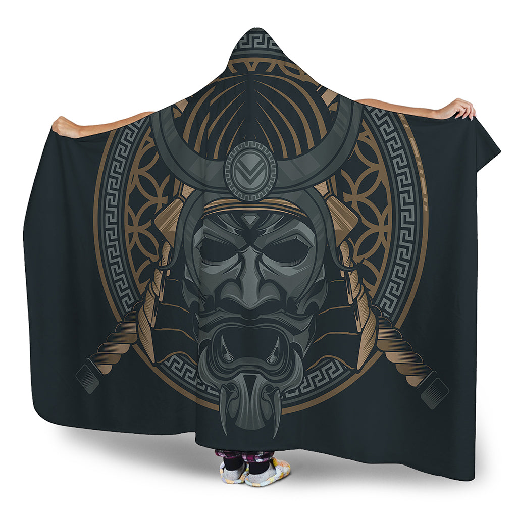 Black Samurai Mask Print Hooded Blanket