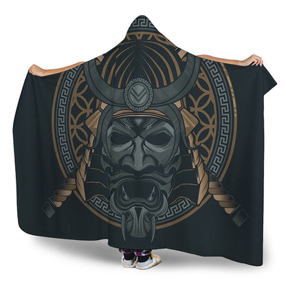 Black Samurai Mask Print Hooded Blanket