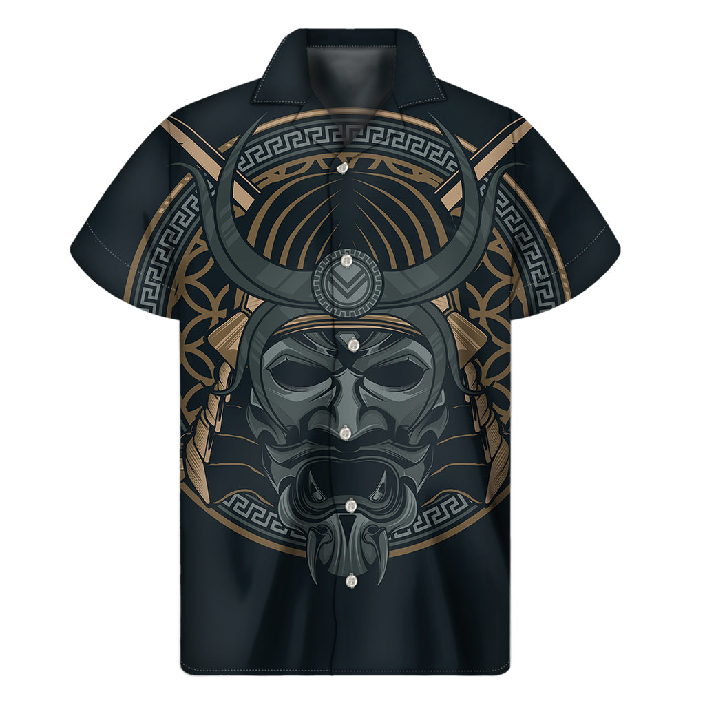 Black Samurai Mask Print Men's Short Sleeve Shirt