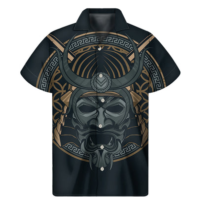 Black Samurai Mask Print Men's Short Sleeve Shirt