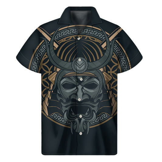 Black Samurai Mask Print Men's Short Sleeve Shirt