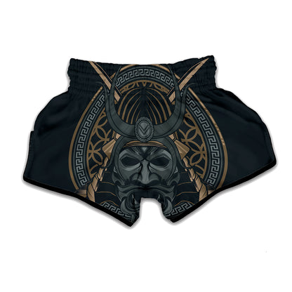Black Samurai Mask Print Muay Thai Boxing Shorts