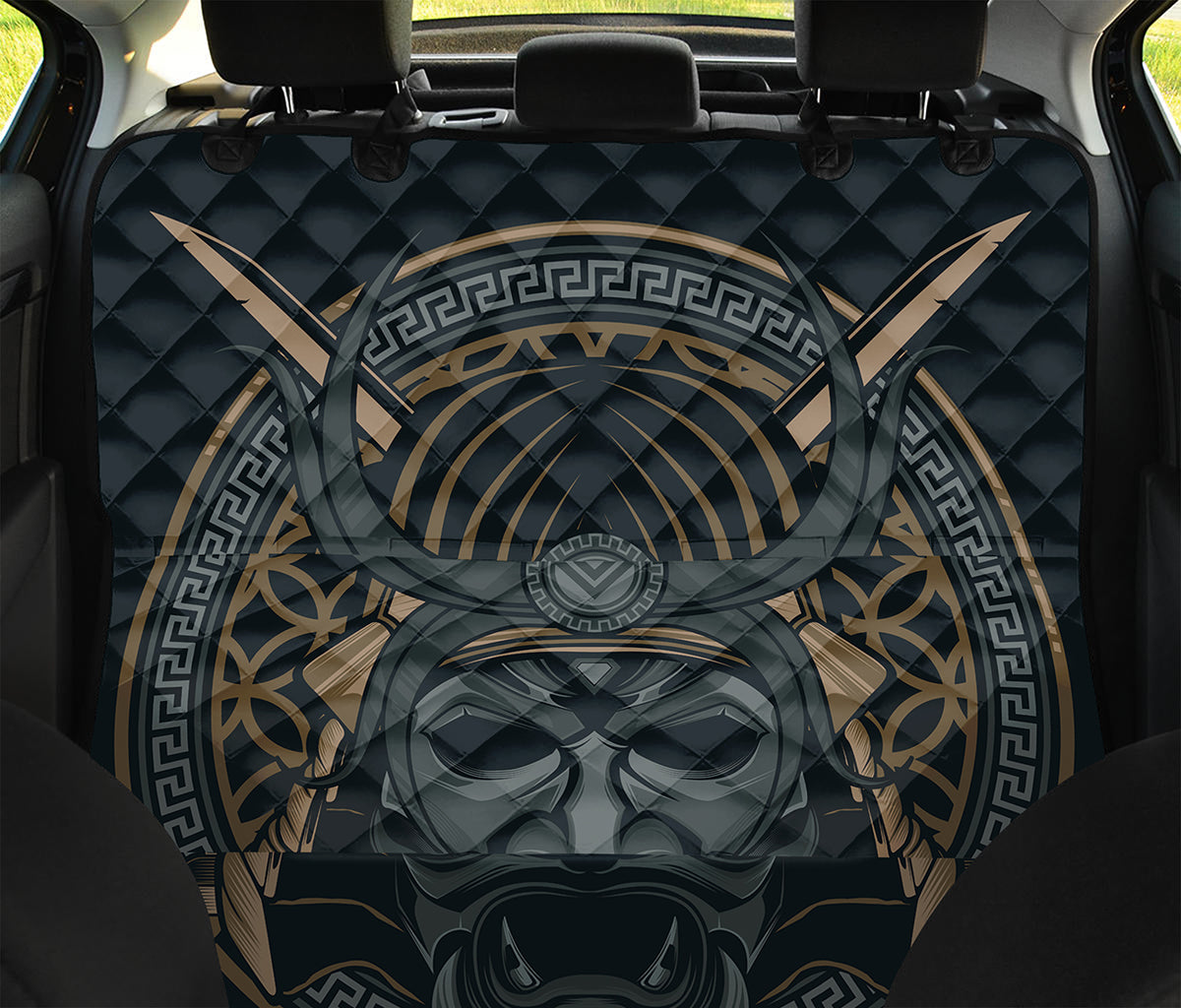 Black Samurai Mask Print Pet Car Back Seat Cover