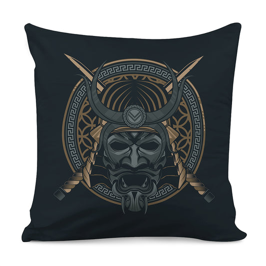 Black Samurai Mask Print Pillow Cover
