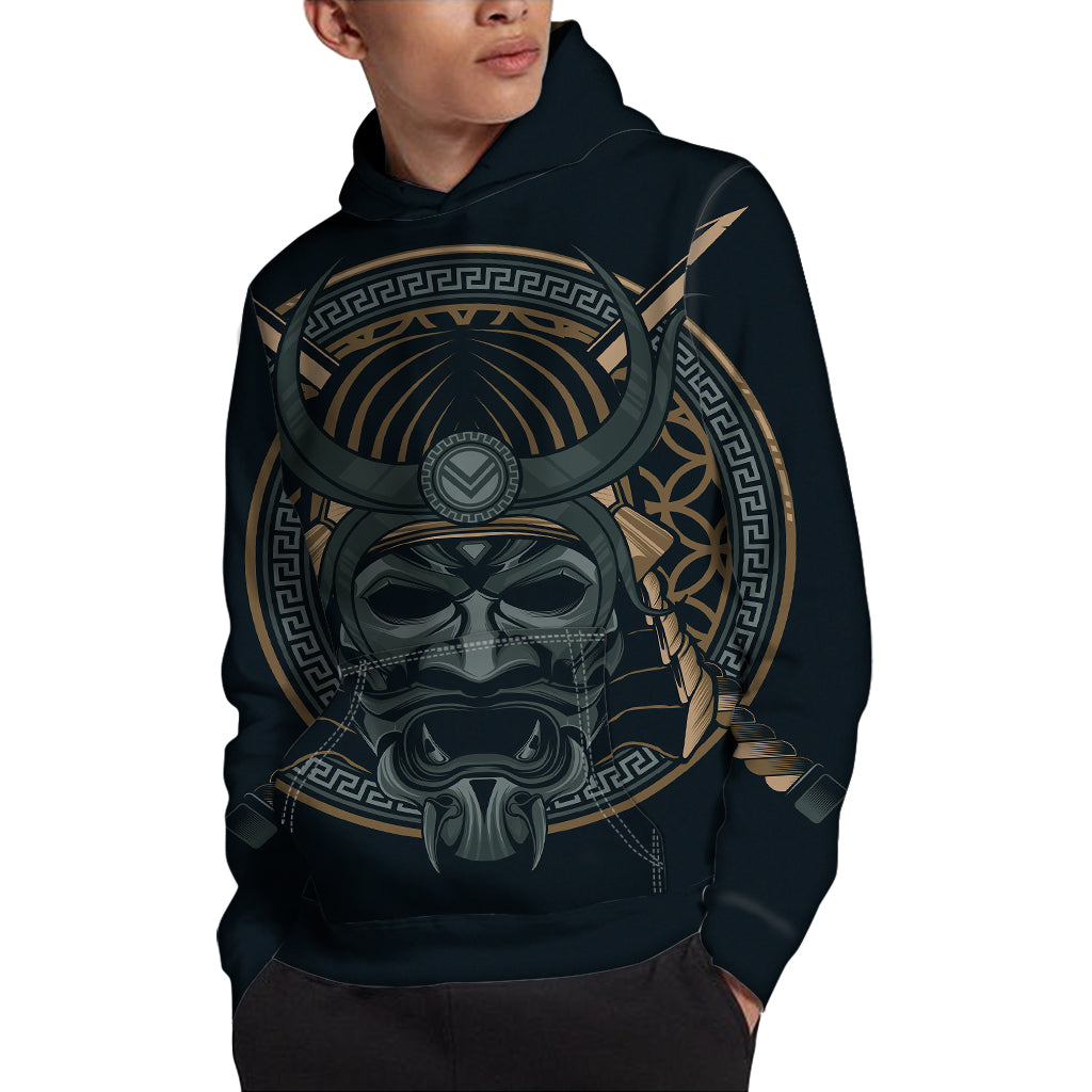Black Samurai Mask Print Pullover Hoodie