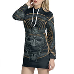 Black Samurai Mask Print Pullover Hoodie Dress