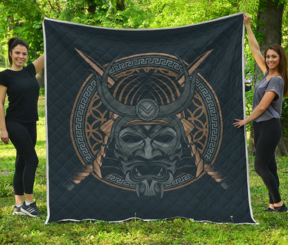 Black Samurai Mask Print Quilt