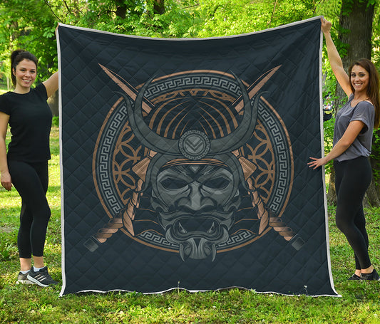Black Samurai Mask Print Quilt