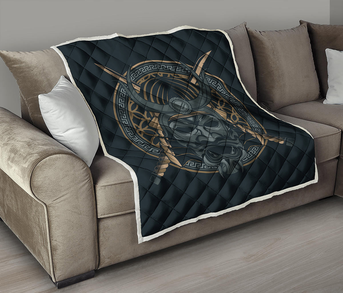 Black Samurai Mask Print Quilt