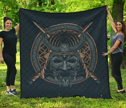 Black Samurai Mask Print Quilt