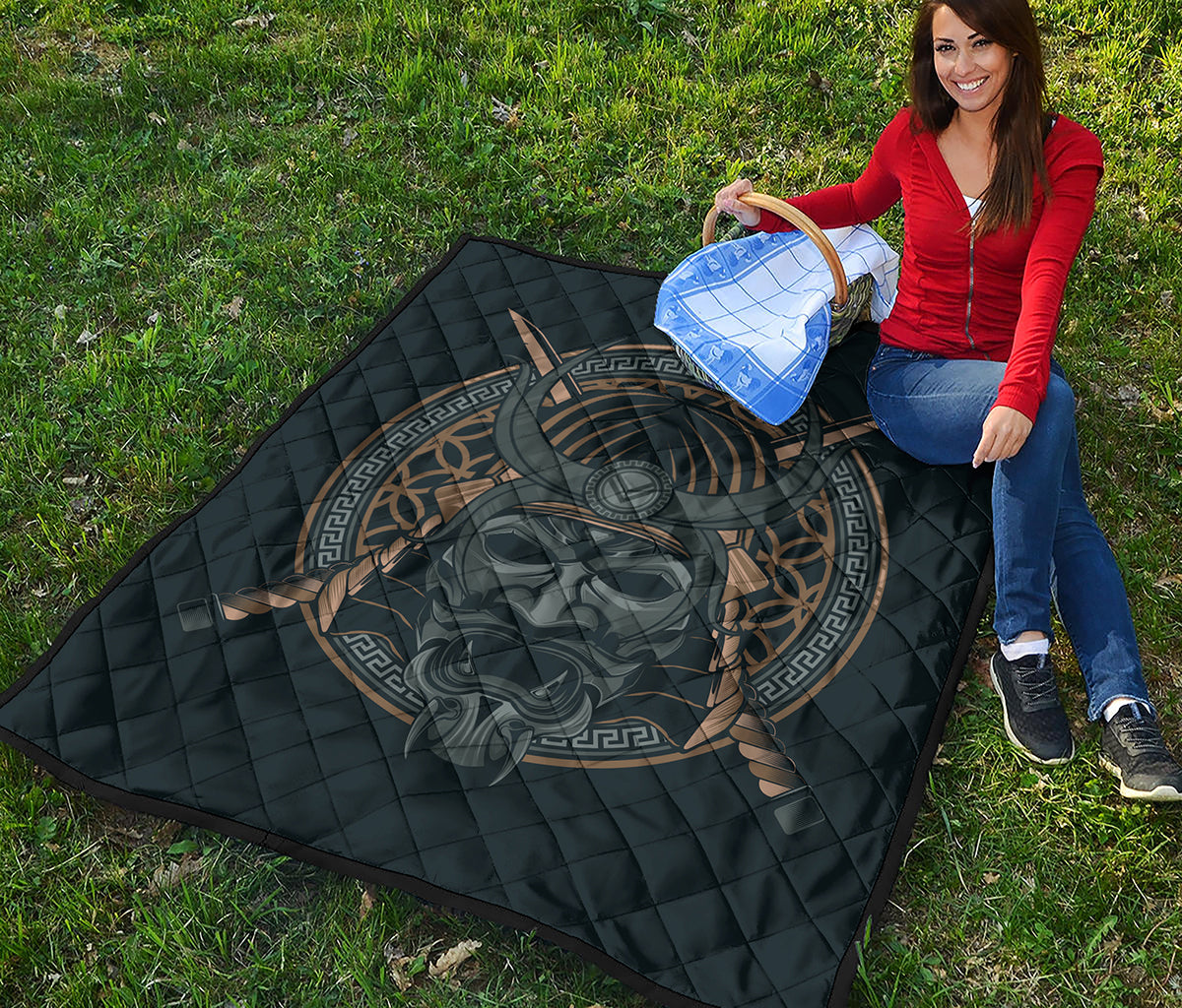 Black Samurai Mask Print Quilt