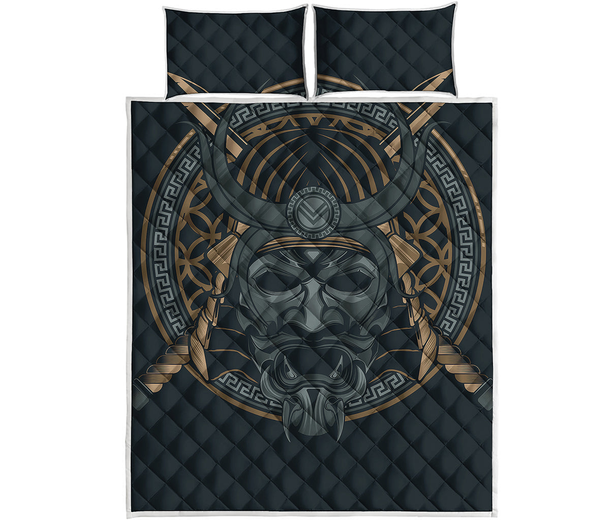 Black Samurai Mask Print Quilt Bed Set
