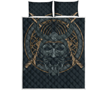 Black Samurai Mask Print Quilt Bed Set