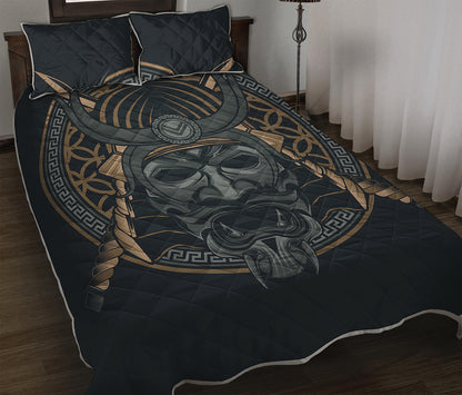 Black Samurai Mask Print Quilt Bed Set