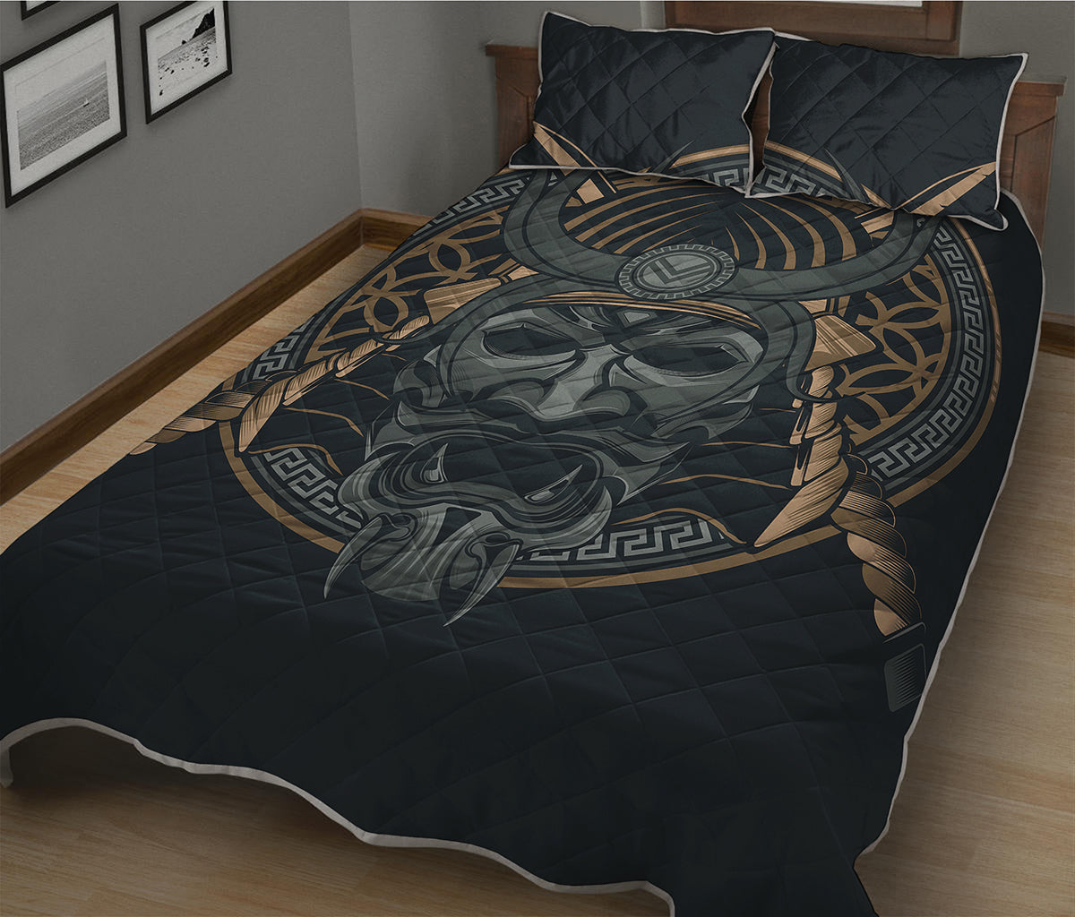 Black Samurai Mask Print Quilt Bed Set