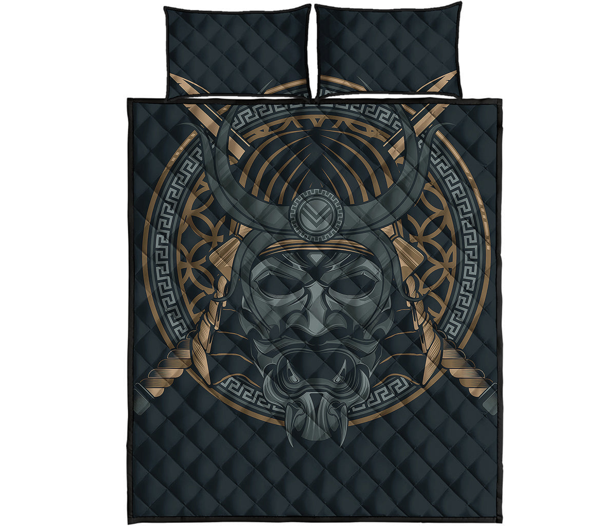 Black Samurai Mask Print Quilt Bed Set