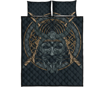 Black Samurai Mask Print Quilt Bed Set