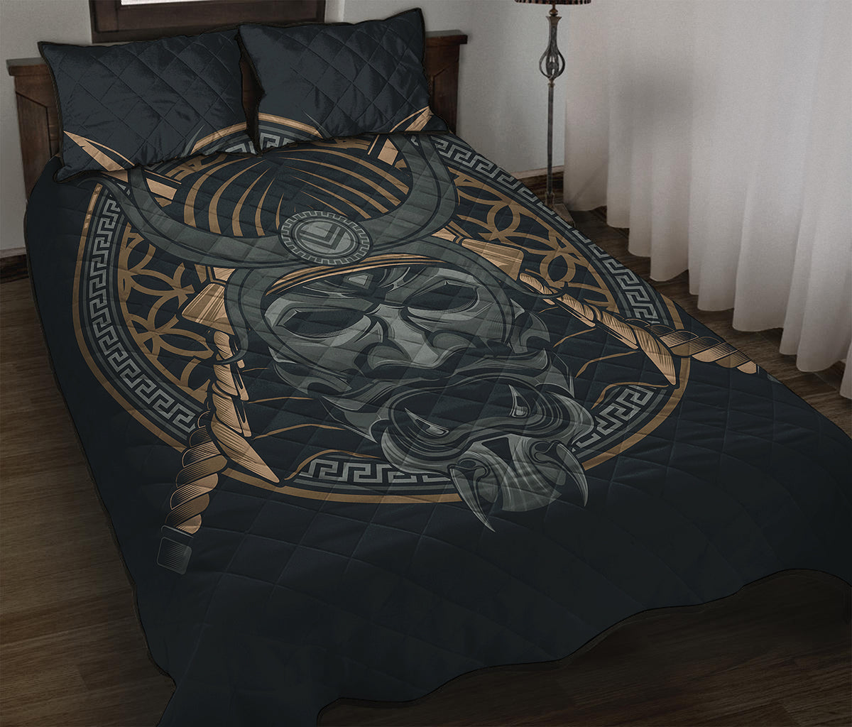 Black Samurai Mask Print Quilt Bed Set